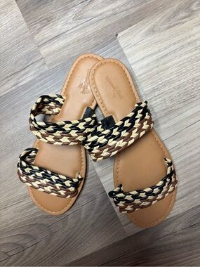 Universal Thread Woven Triple-Strap Slide Sandals - Tan/Black/Cream